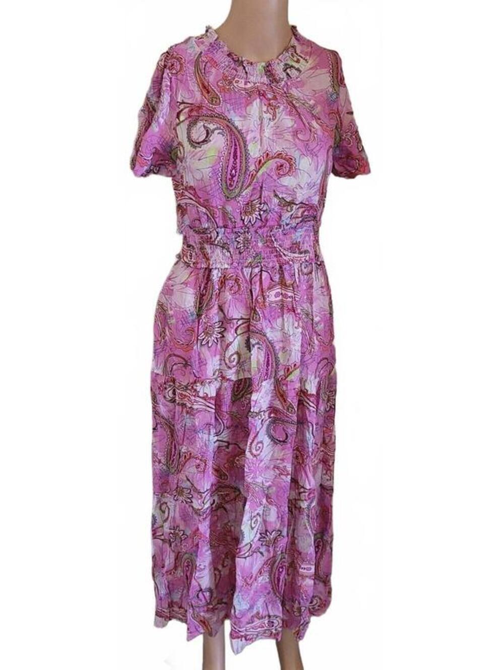Kirundo Pink Paisley Print Viscose Midi Dress Elastic Waist Size Small